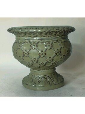 Embossed Floral Ceramic Oval Pedestal Urn Planter Sage Green 7 x 8 Raised Relief